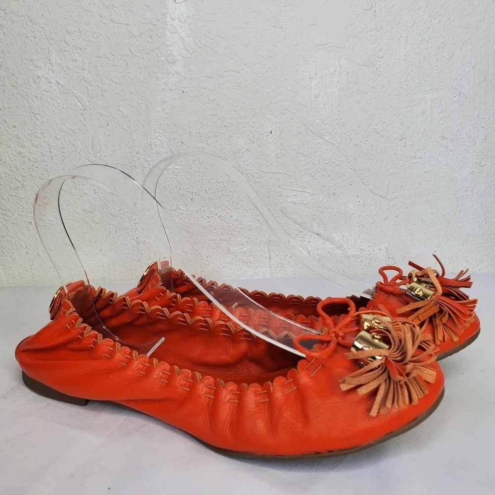 Tory Burch Reese Soft Orange Leather Stretch Bow Tassel Ballet Flats